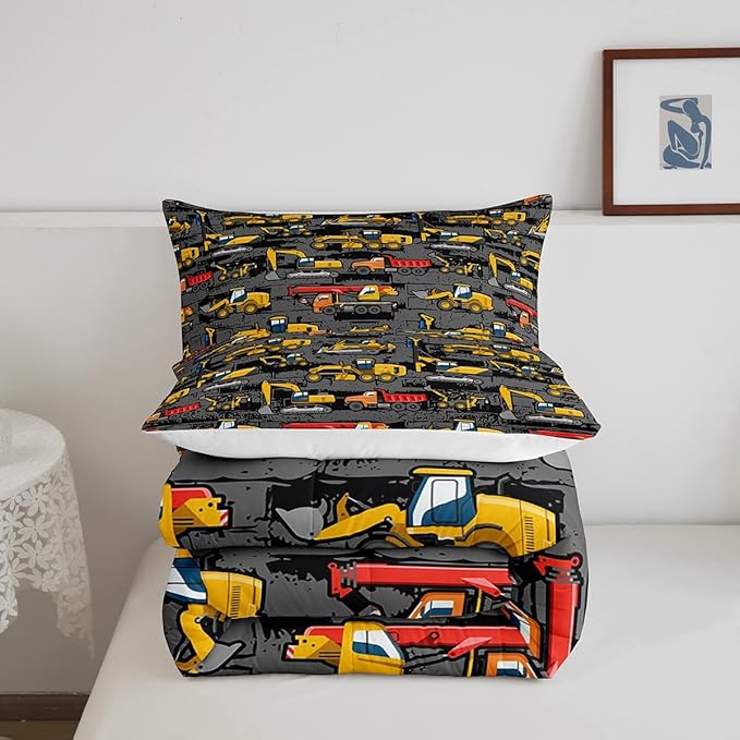 Erosebridal Excavator Comforter Set King,Tractor Construction Bedding Set for Kids Boys Teens Truck Room Decor,Cartoon Vehicle Car Bedding Comforter Construction Site Duvet Set Yellow Dark Grey 3 Pcs