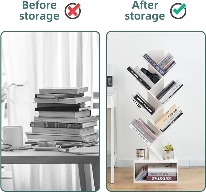 Yoobure Tree Bookshelf - 6 Shelf Retro Floor Standing Bookcase, Tall Wood Book Storage Rack for CDs/Movies/Books, Utility Book Organizer Shelves for Bedroom, Living Room, Home Office, White