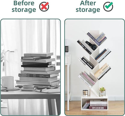 Yoobure Tree Bookshelf - 6 Shelf Retro Floor Standing Bookcase, Tall Wood Book Storage Rack for CDs/Movies/Books, Utility Book Organizer Shelves for Bedroom, Living Room, Home Office, White