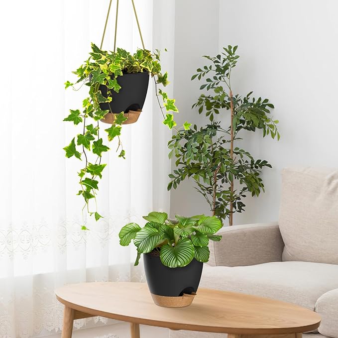 ZMTECH 6.5 Inch Hanging Planters for Indoor Outdoor Plants, 2 Pack Self Watering Hanging Plant Pots with Drainage Holes and Removable Saucer, Plastic Flower Hanging Pots with Watering Lip (Black)