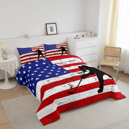 Erosebridal American Flag Comforter Set Twin, Hockey Bedding Set United States Sports Games Down Comforter for Kids Boys Teens Bedroom, Red White Geometric Stripes Duvet Sets with 1 Pillowcase