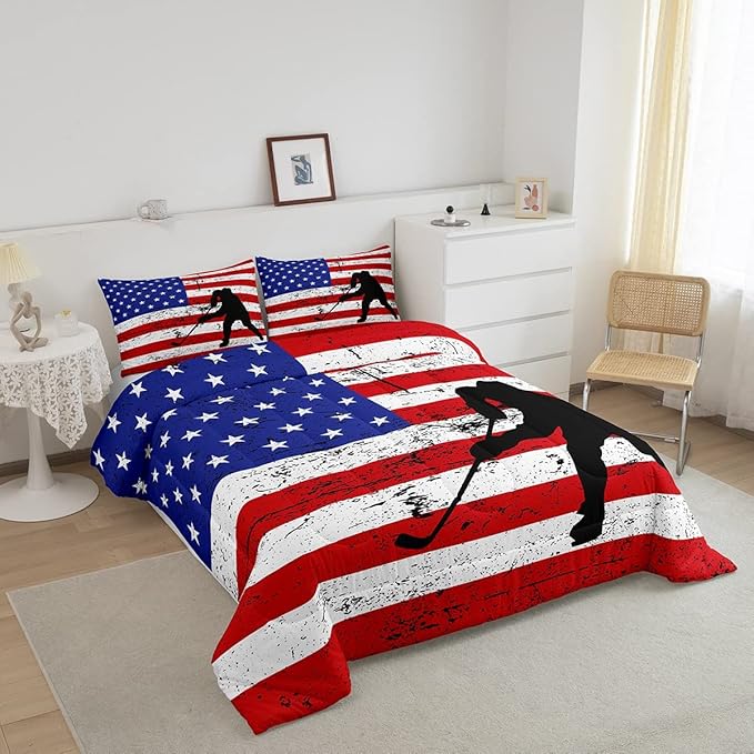 Erosebridal American Flag Comforter Set Full, Hockey Bedding Set United States Sports Games Down Comforter for Kids Boys Teens Bedroom, Red White Geometric Stripes Duvet Sets with 2 Pillowcases