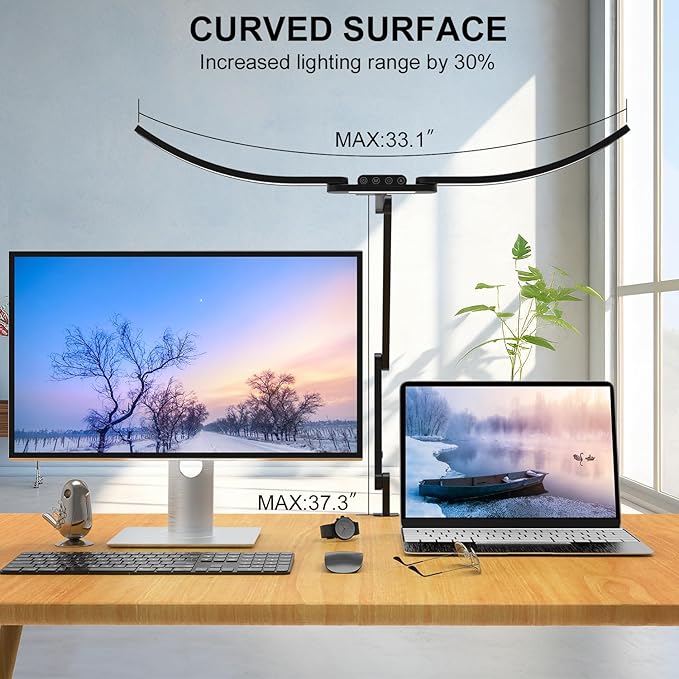 Architect Desk Lamp with Curved Light Bars, 33 Inches Long Wide Bright LED Desk Lamp with Clamp, 24W Dimmable Desk Light for Home Office Tall Swing Arm Table Light for Computer