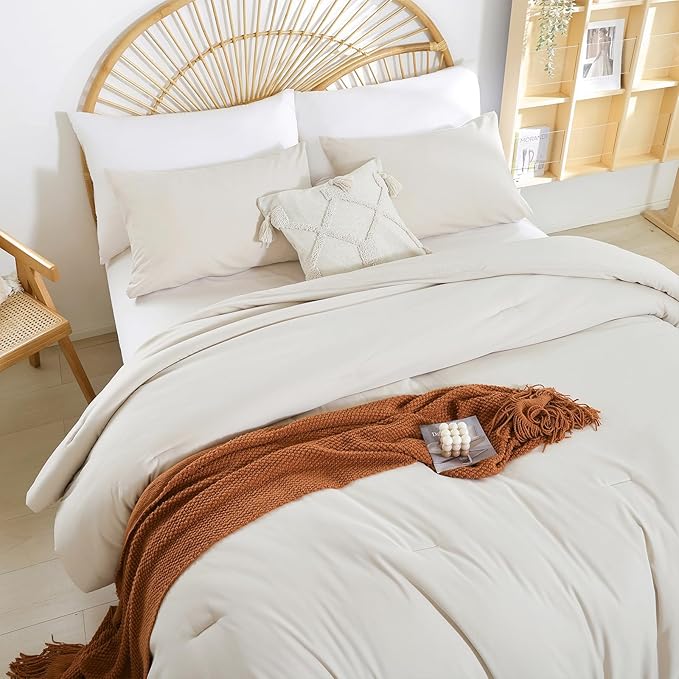 Beige Comforter Set Twin Boho Cream Twin Comforter with 1 Pillowcases - Soft Lightweight Cozy Bedding Set for All Season - Beige Comforter Twin Size for Women Teens Kids