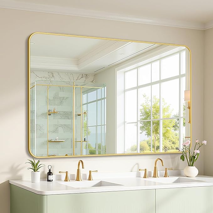 Bathroom Mirror 55" x 36", Large Rectangle Wall Mirror, Gold Metal Frame Wall Mounted Mirrors for Bathroom, Vanity, Bedroom, Entryway Decor(Horizontal/Vertical)