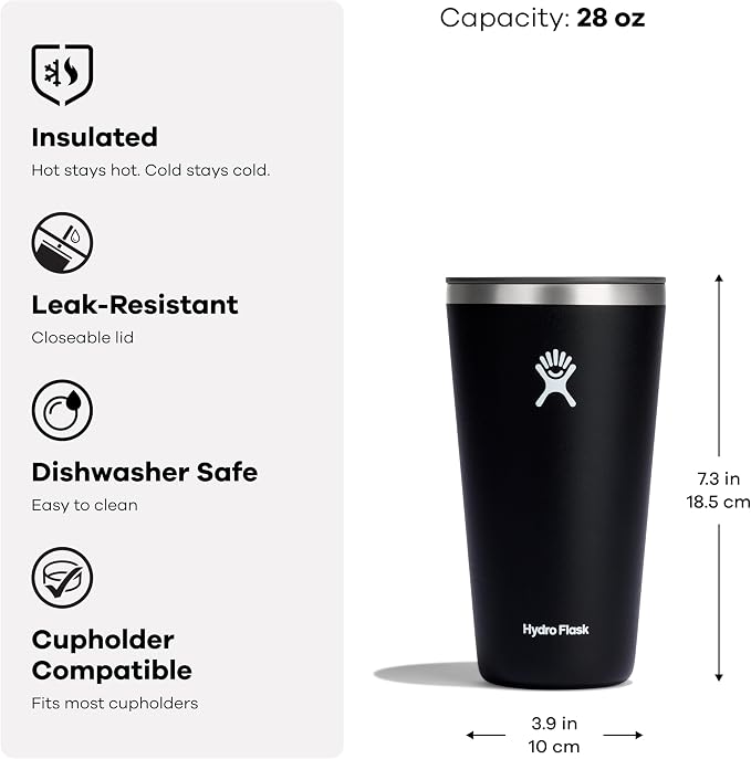 Hydro Flask All Around Tumbler Press-in Lid, Insulated Travel Mug, Stainless Steel Coffee Cup 28 Oz Black