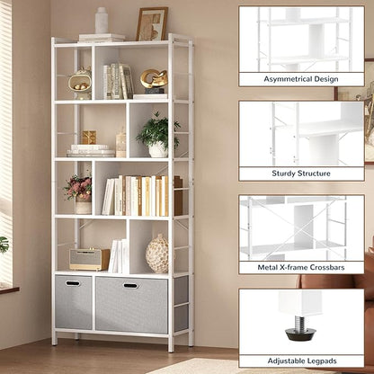 armocity 74 Inch Tall Bookshelf, 6 Tier Bookcase with Drawers, Modern Book Shelf Display Standing Shelf Units with Storage, Wood and Metal Bookshelves for Living Room, Bedroom, Home Office, White