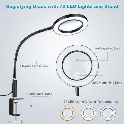 NZQXJXZ Large 30X10X Magnifying Glass with 72 LEDs Light Desk Magnifier with Clip 3 Color Modes and 10 Stepless Dimmable Desk Magnifying Lamp for Hobbies, Reading, Close Work, Jewelry