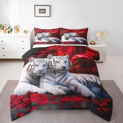 Tiger Comforter Set Twin, Red Rose Down Comforter Kids Girls Women,Red Image of Large Cat Playing with Water Cool Nature Animal Quilted Duvet Insert Gorgeous Floral Flower Bedding Comforters,Brown