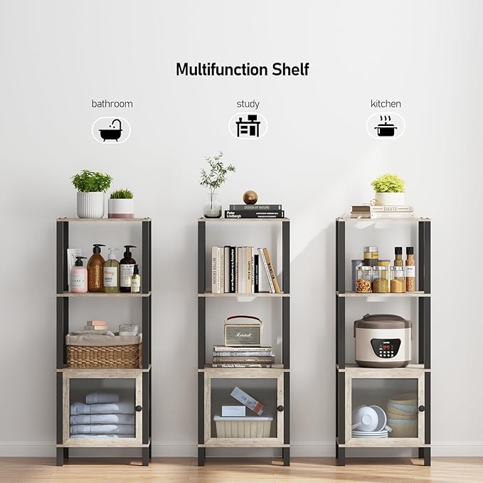 TUTOTAK 4 Tier Bookcase and Bookshelf, Narrow Book shelf with Door for Small Space, for Living Room, Office, Study, Entryway, Greige BS03BG004