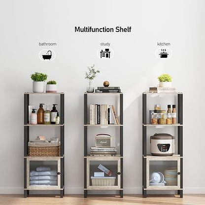 TUTOTAK 4 Tier Bookcase and Bookshelf, Narrow Book shelf with Door for Small Space, for Living Room, Office, Study, Entryway, Greige BS03BG004