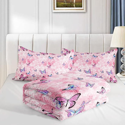Datura home Kids Comforter Set Girls Pink Flower Butterfly Printed Pattern Quilt Bedding Set with 1 Comforter and 2 Pillowcases for Girls Bedroom All Season(Pink Flower Butterfly Twin 68x86inch)