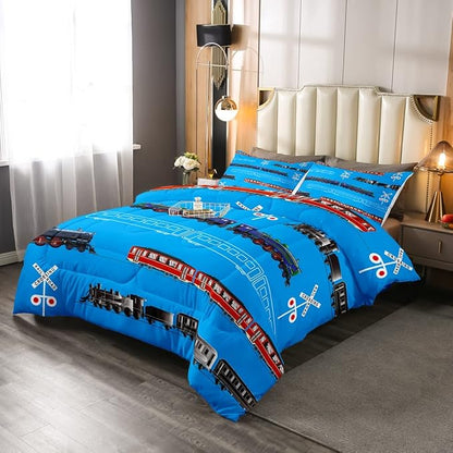 Feelyou Train Kids Boys Comforter Set Retro Steam Engine Toddler Bedding Set for Teens Railway Track Transport Comforter Red Blue Black Decor Quilt Set Room 3Pcs Queen Size