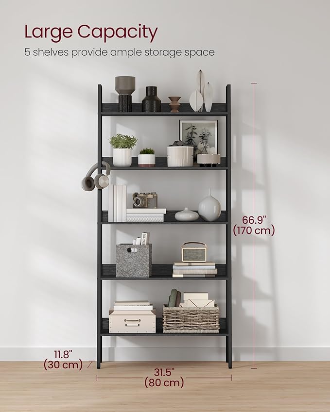 VASAGLE Bookshelf, 5-Tier Bookcase, Ladder Shelf for Home Office, Living Room, Bedroom, Kitchen, Ebony Black and Ink Black ULLS129B56