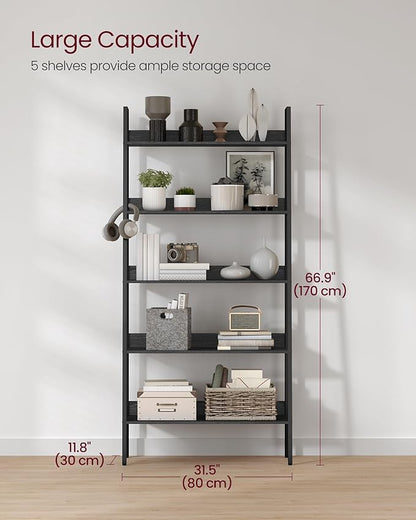 VASAGLE Bookshelf, 5-Tier Bookcase, Ladder Shelf for Home Office, Living Room, Bedroom, Kitchen, Ebony Black and Ink Black ULLS129B56