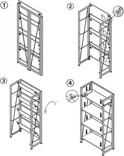 No-Assembly Folding Bookshelf Storage Shelves 4 Tiers Vintage Multifunctional Plant Flower Stand Storage Rack Shelves Bookcase for Home Office (White)