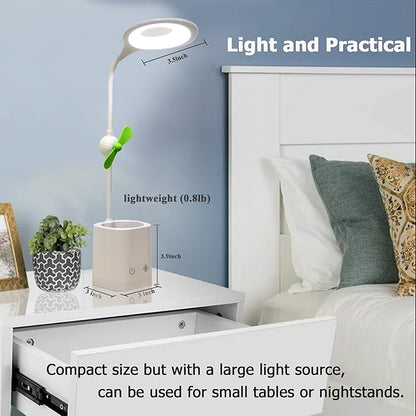 Led Desk Lamps, Small Cute Desk Lamp with 3 Lighting Modes, Modern Desk Ring Night Light with Pen Holder and Green Mini Fan for Home Office Bedroom
