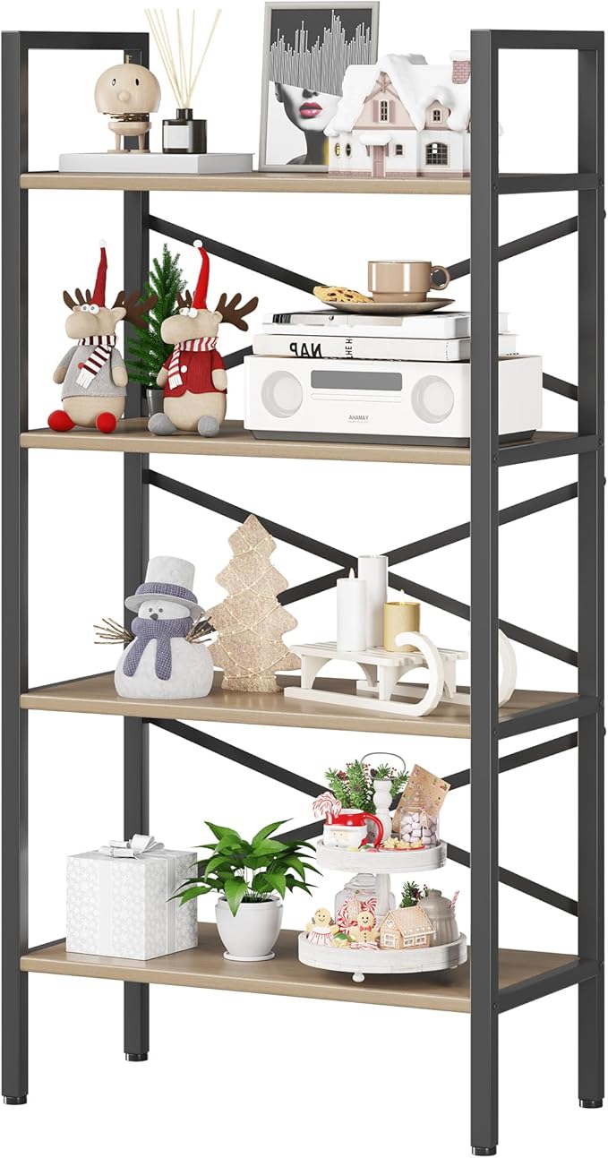 4 Tier Book shelf 23.6" W, Small Bookcase with Open Shelves, BookShelf with Storage, Standing Book Shelves Organizers and Storage for Living Room, Kitchen, Home, Office (Light Coffee)