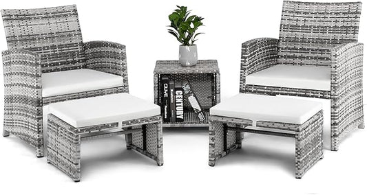Outvita 5 Pieces Patio Furniture Set, Outdoor Rattan Sectional Sofa Conversation Sets with Coffee Table, Single Sofa and Ottoman for Garden Backyard Balcony Porch Poolside(Gray Gradient)