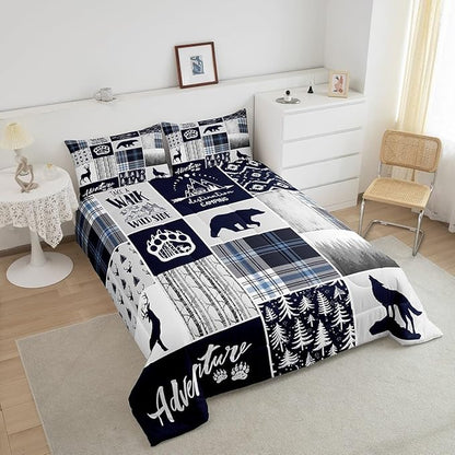 Deer Bear Kids Comforter Set Queen Size,Wolf Hunting Adventure Rustic Bedding Set for Boys Girls Adults Room Decor,Geometric Plaids Patchwork Down Comforter,Blue Xmas Duvet Insert,2 Pillowcases