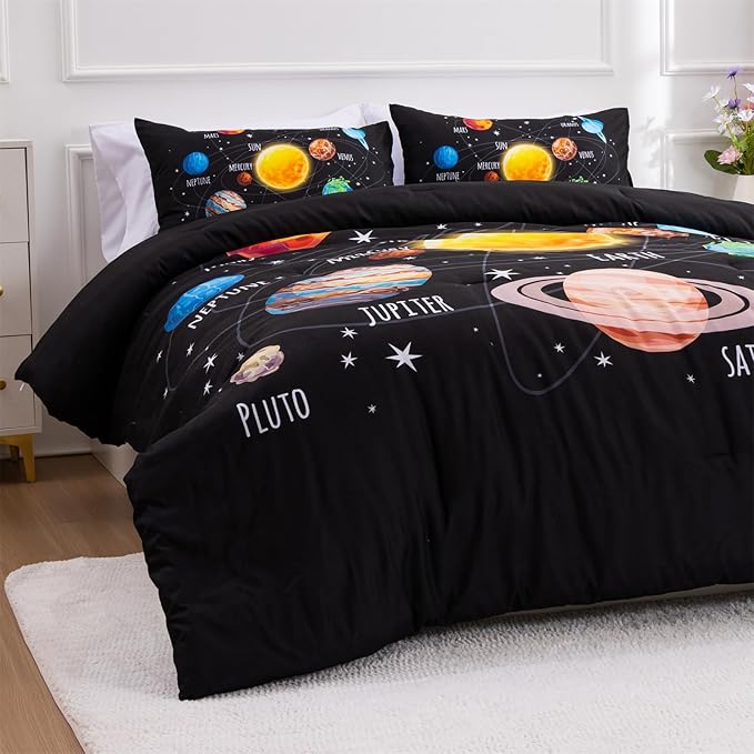 Aimuan Space Comforter Twin Set Kids Rocket Bedding Set Super Soft & Cute Aliens UFO Printed for Boys Girls Teen (Black 1, Full)