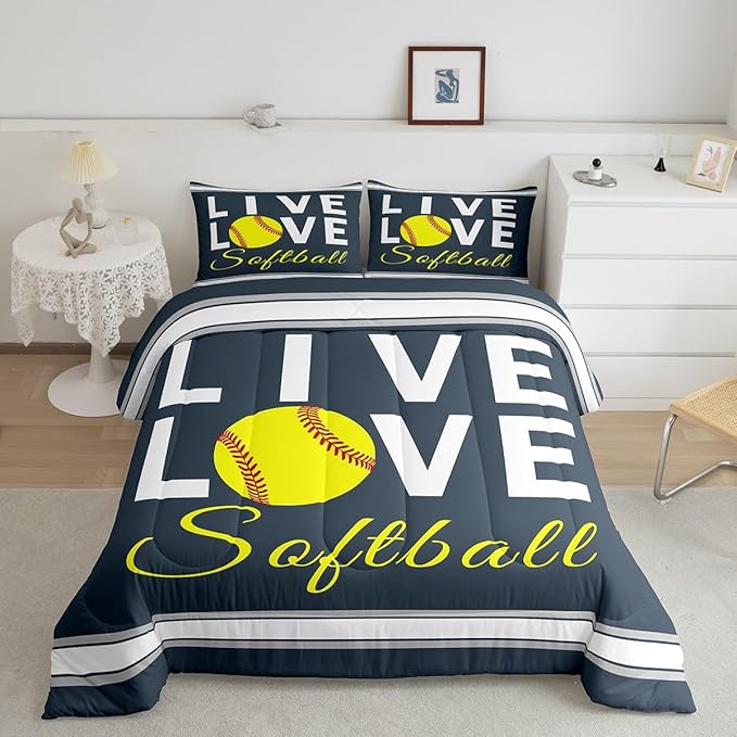 Kids Softball Comforter Set Full Size Softball Gaming Bedding Set for Boys Girls Teens Bedroom Decor Sports Theme Comforter Women Men Baseball Gaming Duvet Set with 2 Pillow Case