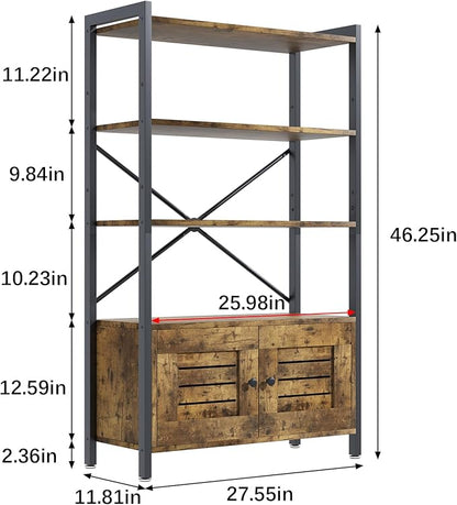 Storage Cabinet with 3 Open Shelves, 1 Cupboard Large Kitchen Industrial Display Standing Shelf, Rustic Brown Wooden and Metal FrameShelf for Living Room, Bedroom, Home Office Organizer