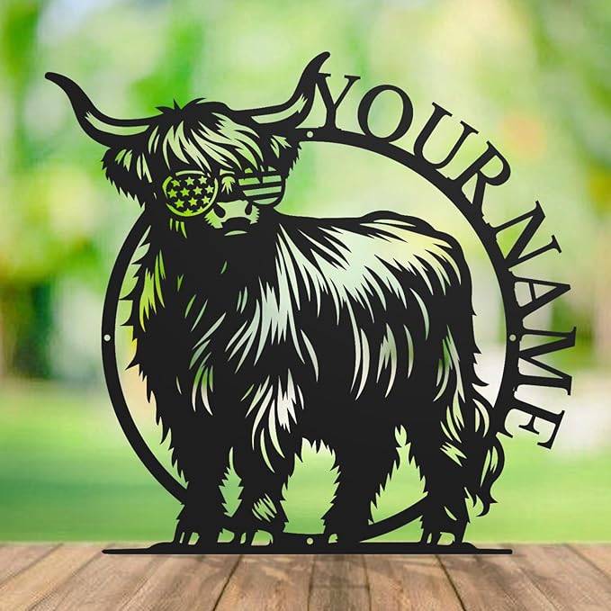 Personalized Highland Cow Name metal Signs,Custom Highland Cow Metal Shed Wall Decor,Black Metal Wall Art Plaques Outdoor wall Decorative Signage (Style G)