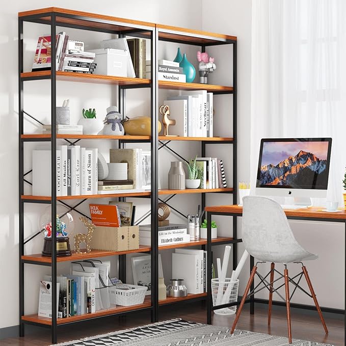 Himimi 6-Tier Bookshelf,Tall Bookcase Industrial Wood Storage Rack with Open Book Shelves,Modern Metal Standing Organizer,Vintage Deep Display Rack for Living Room, Office, Bedroom, Rustic Brown