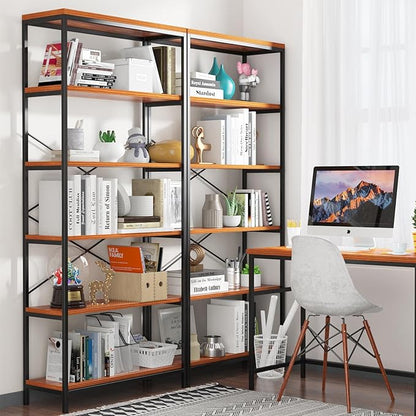 Himimi 6-Tier Bookshelf,Tall Bookcase Industrial Wood Storage Rack with Open Book Shelves,Modern Metal Standing Organizer,Vintage Deep Display Rack for Living Room, Office, Bedroom, Rustic Brown