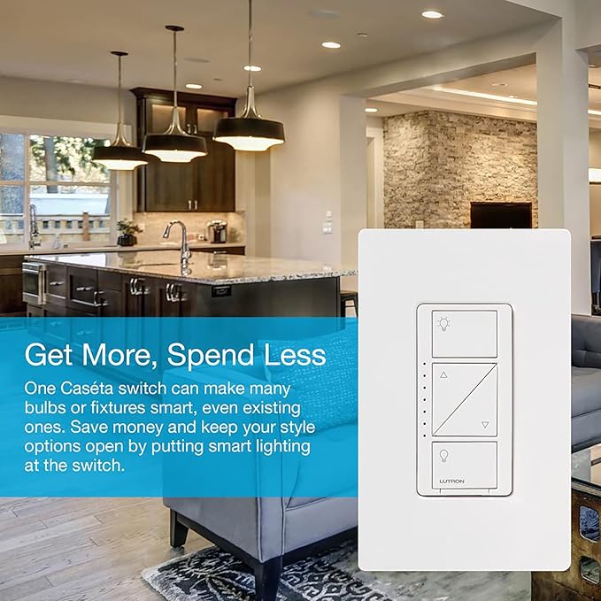 Lutron Caseta Original Smart Dimmer Switch With Wallplate (Lutron Smart Hub Required), for LED Lights, 150 Watt, Single-Pole/3-Way, No Neutral Required, PDW-6WCL-WH-A, White