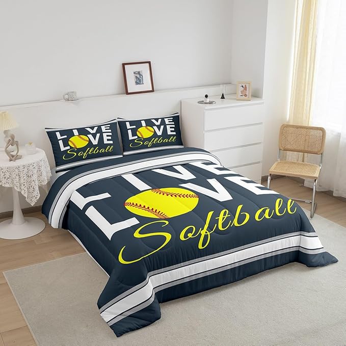 Kids Softball Comforter Set Full Size Softball Gaming Bedding Set for Boys Girls Teens Bedroom Decor Sports Theme Comforter Women Men Baseball Gaming Duvet Set with 2 Pillow Case