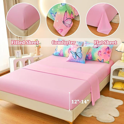 Butterfly Bedding Set Full, Pink Butterfly Comforter Set for Girls Kids Teens 6 pcs Bed in a Bag Full Bedding Sets for Girls
