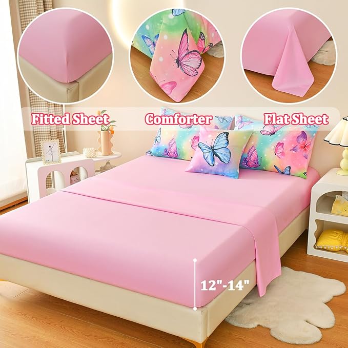 Butterfly Bedding Set Twin, Pink Butterfly Comforter Set for Girls Kids Teens 6 pcs Bed in a Bag Twin Bedding Sets for Girls