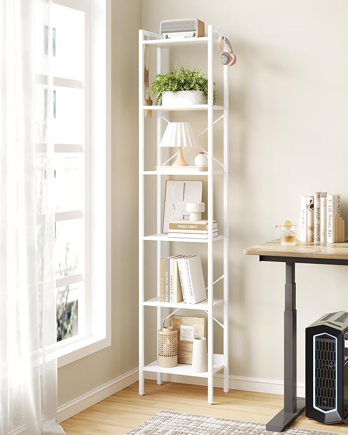 Bookshelf, Book Shelf, Industrial Bookcase with 2 Hooks, Coner Shelf Storage Organizer for Home Office, Living Room, Bedroom, Kitchen, 6-Tier White BC10713W