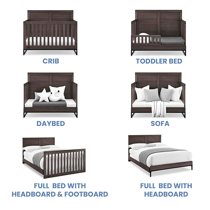 Simmons Kids Foundry 6-in-1 Convertible Baby Crib, Rustic Grey with Matte Black + Quiet Nights Breathable Crib Mattress with Removable/Machine Washable Cover (Bundle)