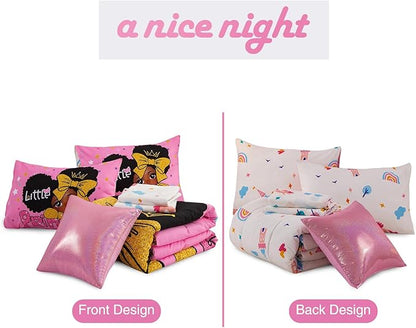 A Nice Night Black Girl Little Princess Comforter Set, Pink 6Pcs Bed in A Bag Full Size Sparkling Stars Bedding Set,for Kids, Girls