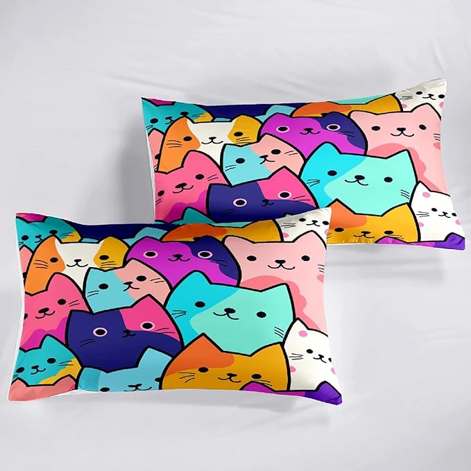 Cat Comforter Full Size - Full Size Comforter Girl Cat Cute Cat Bedding for Girls Kids Full Size Bedding Set Cats Colorful Cartoon Cat Comforter Set, 1 Comforter+2 Pillowcases