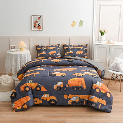 NTBED 5 Pieces Construction Truck Comforter Set for Boys Kids Vehicles Excavator Cars Lightweight Microfiber Bedding Sets (Grey, Twin)