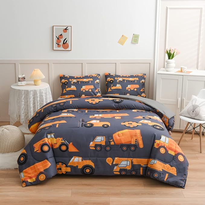 NTBED Construction Truck Comforter Set for Boys Kids Vehicles Excavator Cars Lightweight Microfiber Bedding Sets (Grey, Twin)