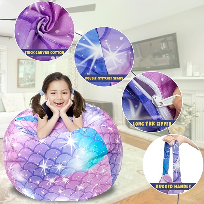 Stuffed Animal Storage Bean Bag Chair Cover, Hold Kids Plush Toys Blankets Towels Beanbag (Cover Only), Canvas Floor Circle Stuff Sit Seat Sofa with YKK Zipper, Large 32", Classic Mermaid