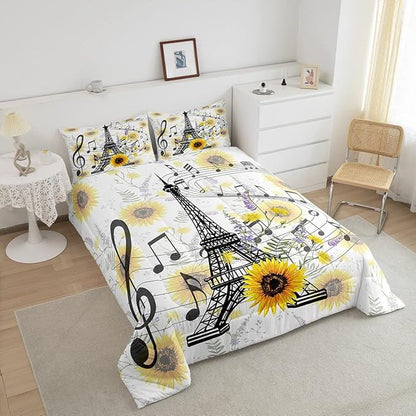 Eiffel Tower Kids Comforter Set Cute Sunflower Bed Sheet Set for Boys Children Teens Bedroom Decor Paris Tower Bedding Set Set Floral Music Themed Bed Cover Full Size with 3 Pillow Case