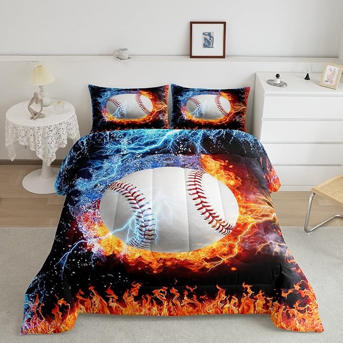 Baseball Comforter Set Full Size Sports Theme Down Comforter Kids Teens Boys Fire and Ice Sports Baseball Quilted Duvet,Decoration 3 Pcs Bedding Comforters (1 Comforter Set +2 Pillowcases) Red Blue