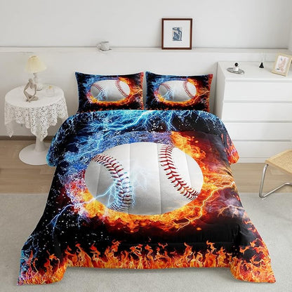 Baseball Comforter Set Full Size Sports Theme Down Comforter Kids Teens Boys Fire and Ice Sports Baseball Quilted Duvet,Decoration 3 Pcs Bedding Comforters (1 Comforter Set +2 Pillowcases) Red Blue