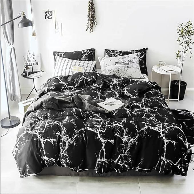Black Marble Comforter Set King Black Bedding Set Women Black Marble Comforter Set Lightweight Soft Black Marble Bedding Men Durable Black Marble Quilt Set Breathable Bed Comforter Set King