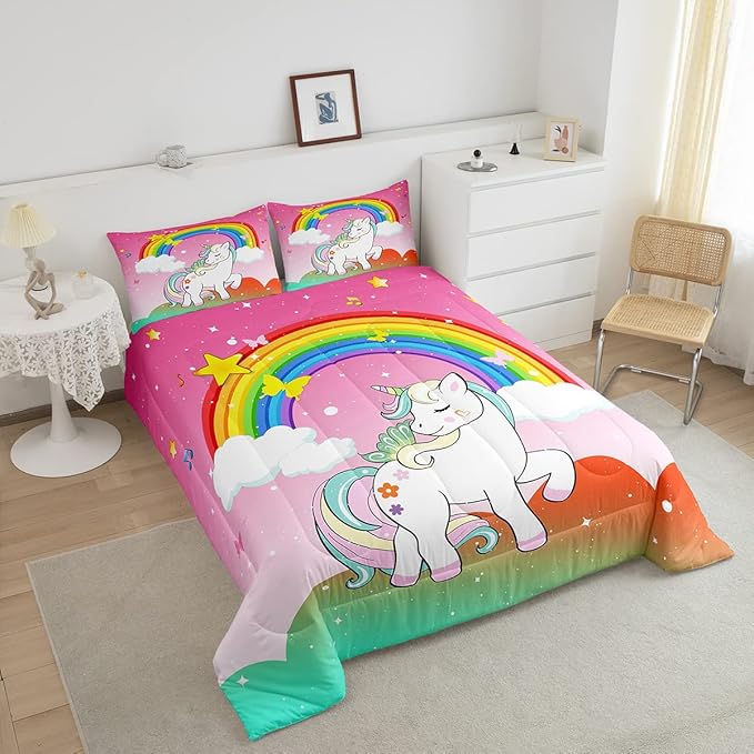 Kids Kawaii Unicorn Queen Comforter Set Girls Unicorn Bedding Stars Rainbow Gradient Quilted Duvet Cartoon Musical Notes Duvet Set Children Unicorn Animals Reversible Down Comforter,Multicolor 3Pcs