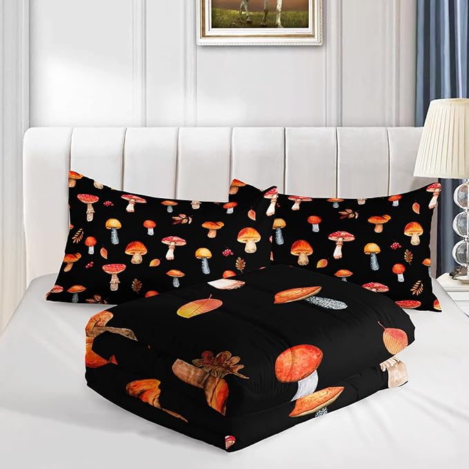Colorful Mushroom Comforter Set Full Size Kids Mushroom Bedding Set Leaves Quilt Bed Set for Boys Girls Adults with 1 Comforter and 2 Pillowcases