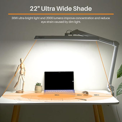 LED Architect Desk Lamp, 2500 Lumens, Dimmable, Metal Swing Arm, 5 Color Temperatures, 30W, Ideal for Task Work, Drafting, Reading, Clamp-on Office Table Lamp with 324 Bright LEDs(White)