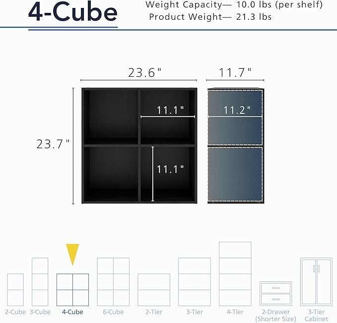 Apexa 4 Cube Storage Organizer Shelves, Stackable Wood Bookcase Fits Cubby Bins for Organization, Dorm Teen Room Decor & Home Office, Black
