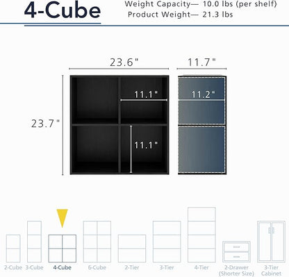 Apexa 4 Cube Storage Organizer Shelves, Stackable Wood Bookcase Fits Cubby Bins for Organization, Dorm Teen Room Decor & Home Office, Black